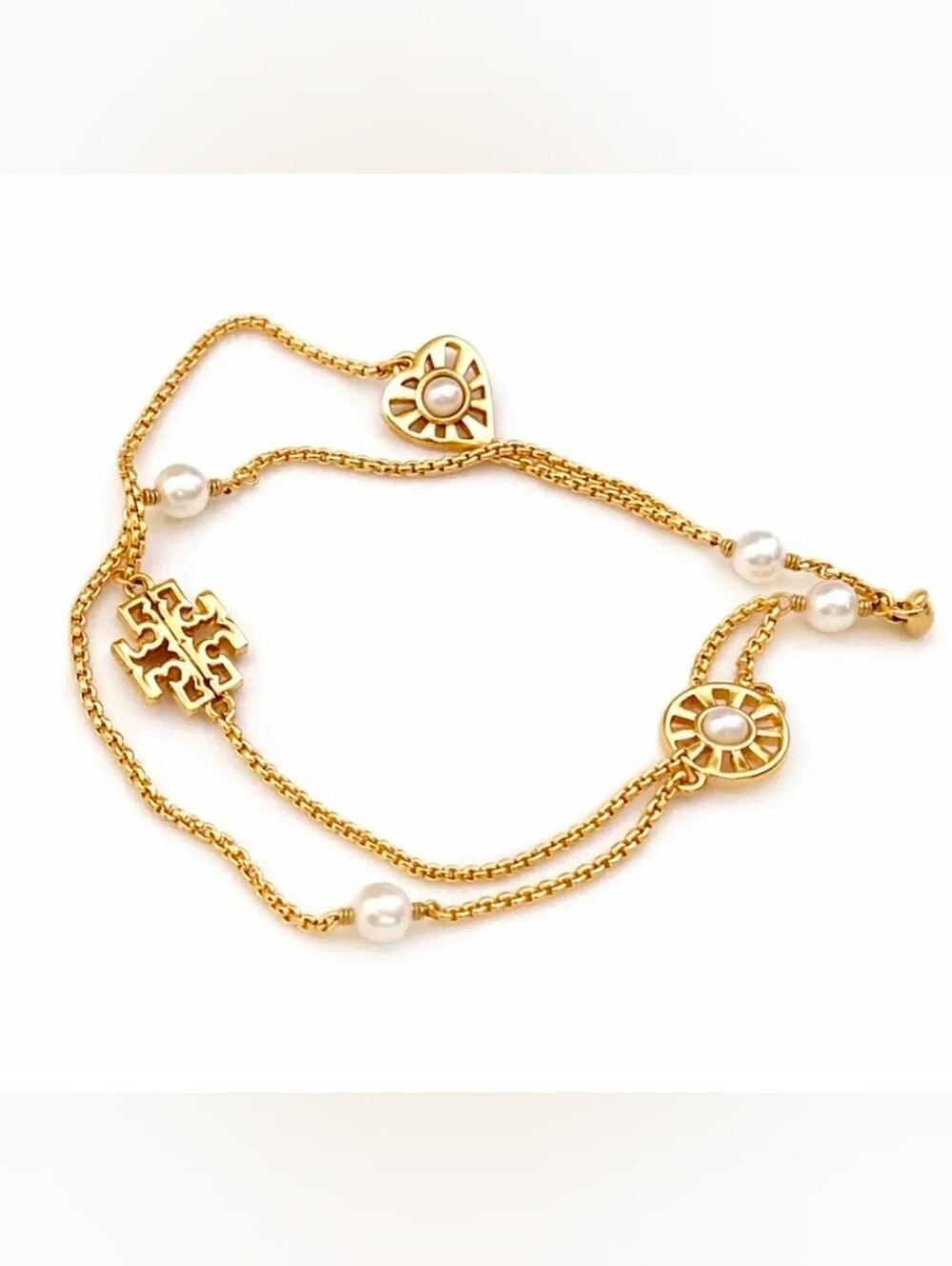 Tory Burch Gold and White Double-Layer Pearl Accent Necklace